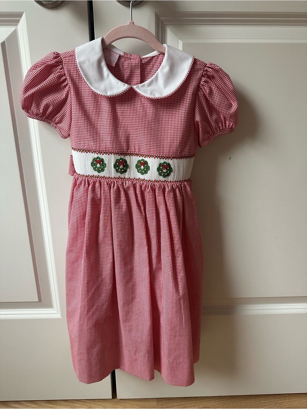 NWOT Petit Bebe Red Gingham Peter Pan Collar Dress with Wreath Embroidery